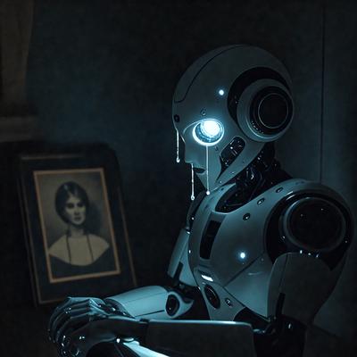 The primary subject of the image is a robot with a human-like face, sitting in front of a picture of a woman. The robot appears to be weeping, with its eyes glowing blue. The setting is a dark room, and the visual style is a combination of digital art and illustration. The dominant colors are blue and black, creating a moody atmosphere.